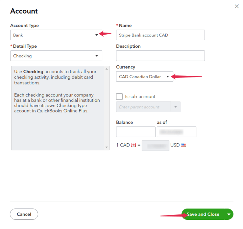 Example of the account creation in QuickBooks Online