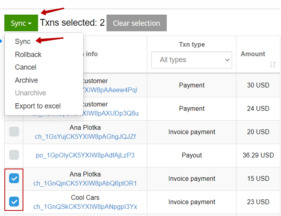 Select transactions needed (our filter is available to filter out the ones you need to sync)  and click Sync under the Sync menu