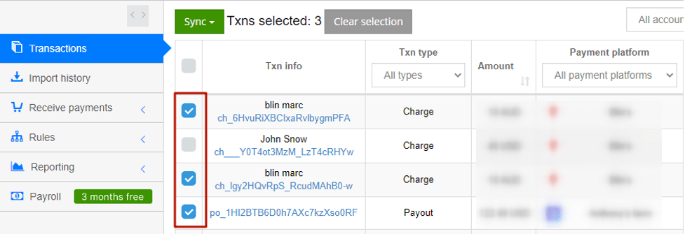 Synder Explanatory on how to rollback several transactions in the Transactions tab