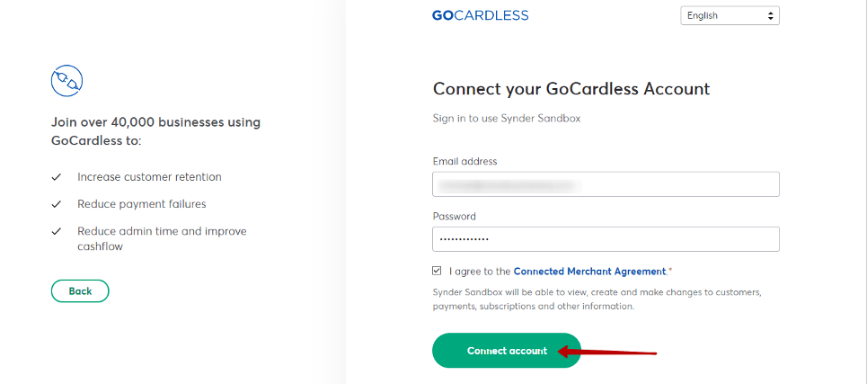 Go to GoCardless authorization page to grant Synder the necessary permissions