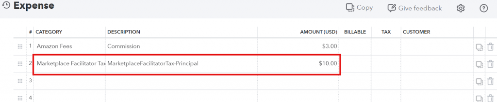 Expense in QuickBooks showing the marketplace fee and offsetting tax amount