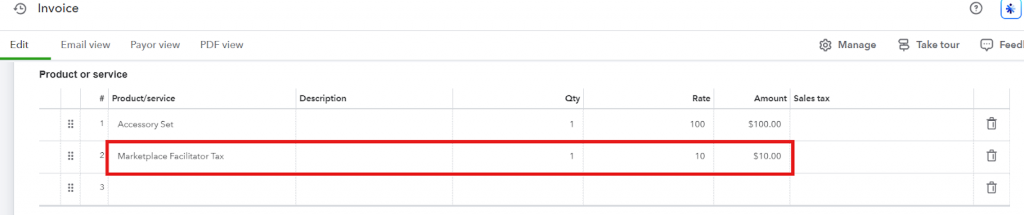 Sales Receipt in QuickBooks showing Marketplace Facilitator Tax as a non-taxable line item