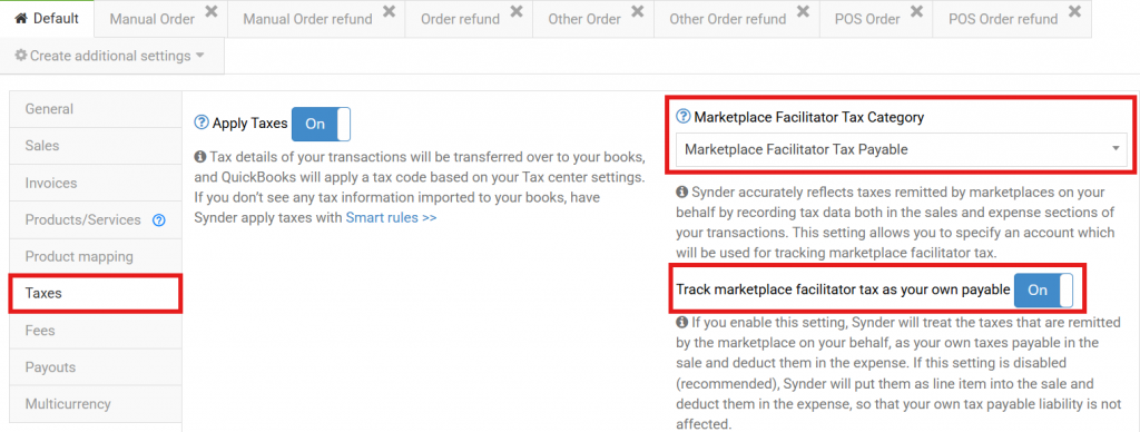 Synder Taxes settings with the Track Marketplace Facilitator Tax as your own payable toggle enabled
