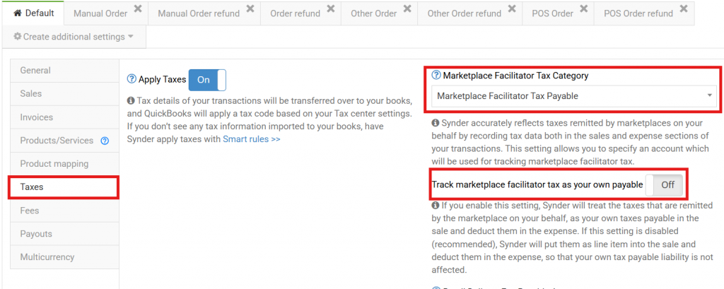 Synder Taxes settings showing Marketplace Facilitator Tax Category with the payable toggle disabled