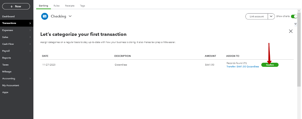 Click Confirm (or Match) for all of your GoCardless transactions to transfer