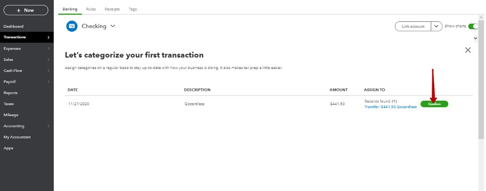 Click Confirm (or Match) for all of your GoCardless transactions to transfer