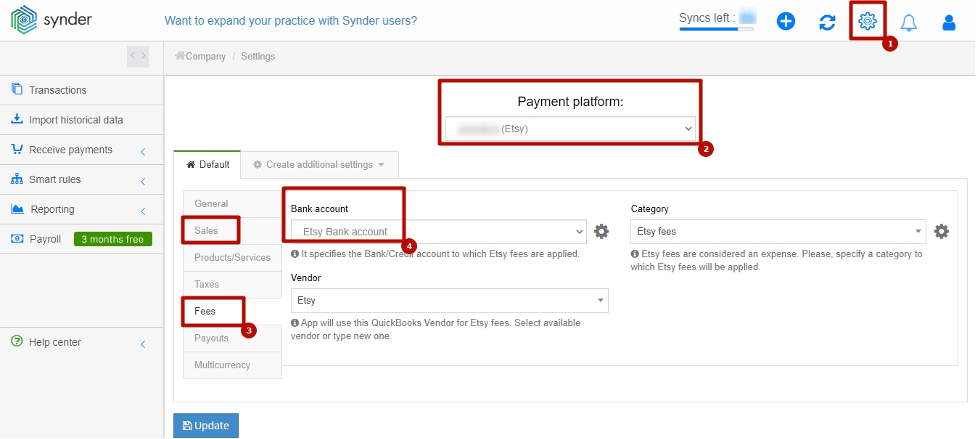Fees tab to customize settings