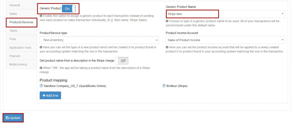 Synder explanatory: in the Products/Services tab, enable the Generic Product feature 