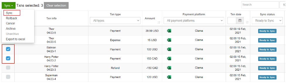 check the transactions in your transaction list in Synder