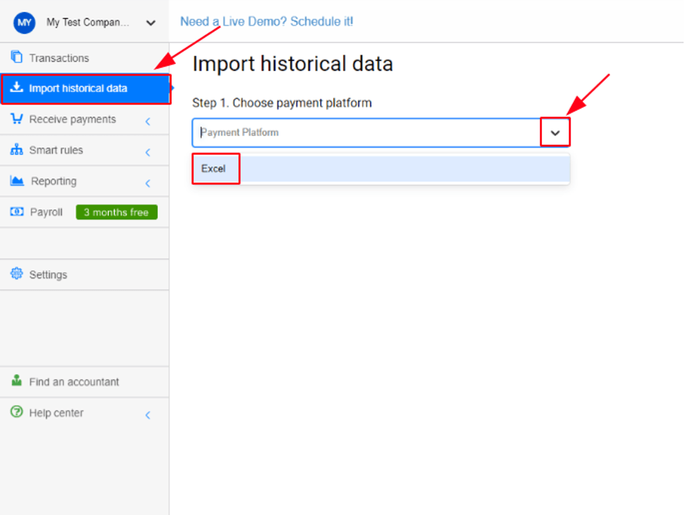 While importing historical data, choose Excel from the list of payment platforms