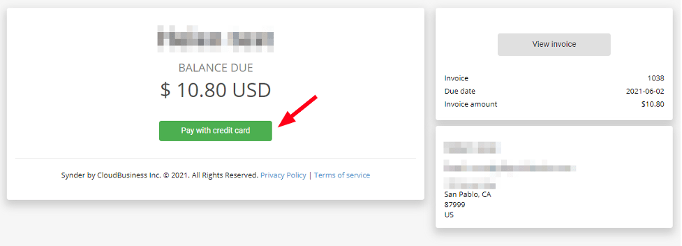 Pay with credit card button with the full amount of the invoice
