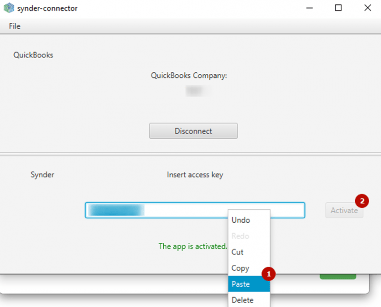 Paste the QuickBooks Connection access key that you copied from the Synder website form, click the Activate button