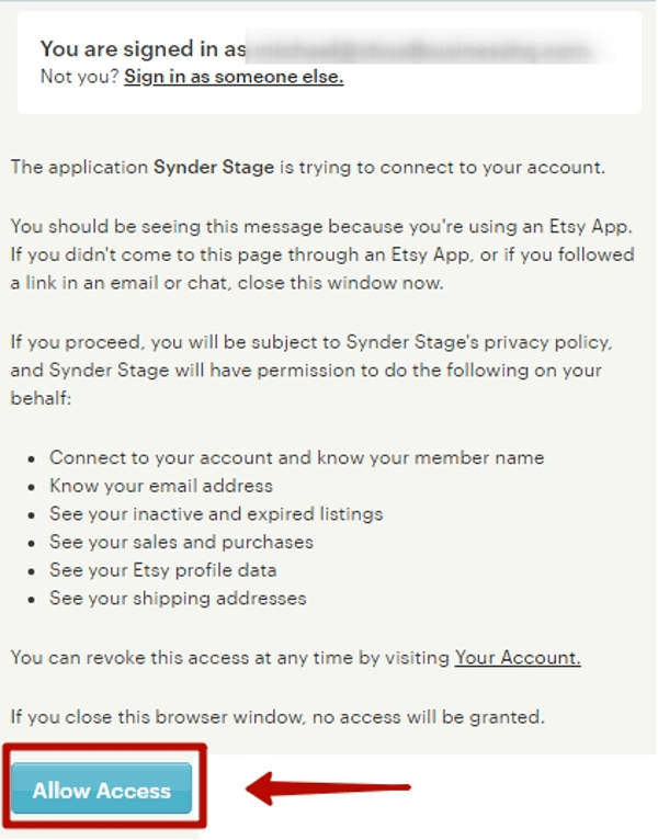 And grant permission to Synder by clicking Allow Access.