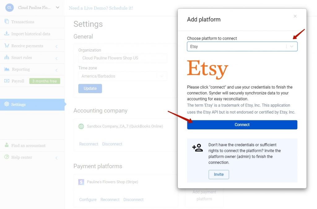 4. Select Etsy in the dropdown and hit the Connect button.