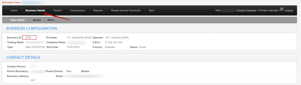 You can find your Business ID in the Business Details section of your IntegraPay Online website.