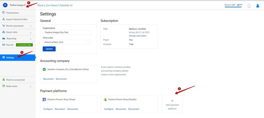 1) Switch to the needed Organization in the top-left corner of the Synder page.
2) Navigate to Settings on the left-side menu.
3) In the Payment platforms section and click Add payment platform.