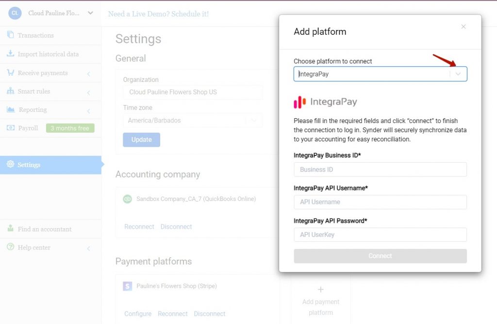 4. Choose IntegraPay in the dropdown menu and hit the Connect button. You will be prompted to fill in yourBusiness ID, API Username, and API password so as to let Synder see and synchronize your transactions.