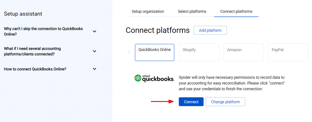 Hit the Connect button and grant the permissions to Synder to record data in your QuickBooks or Xero company