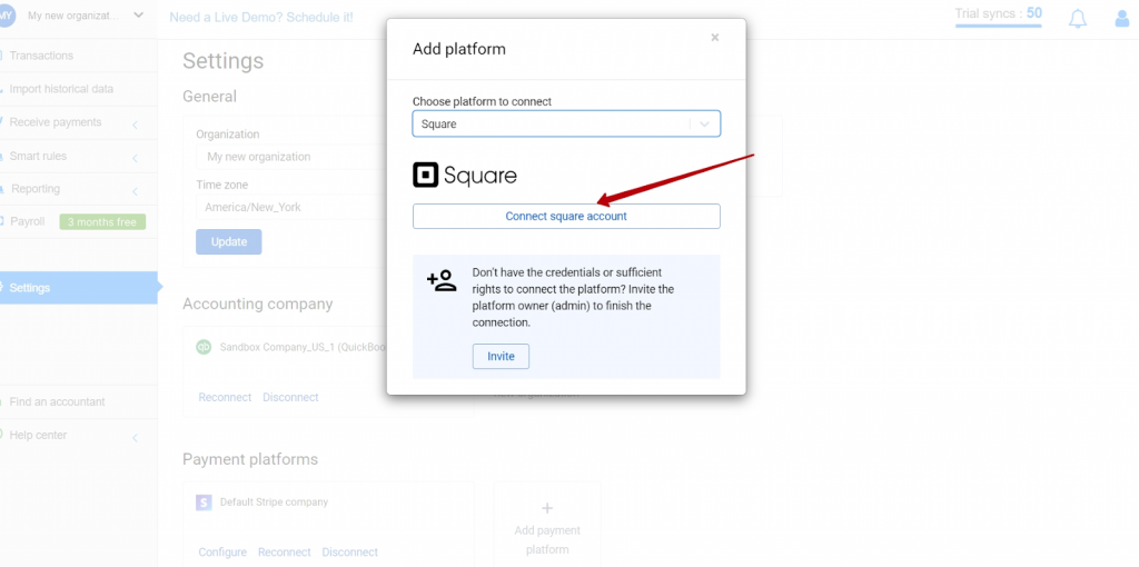 Choose Square in the dropdown menu and hit the Connect button