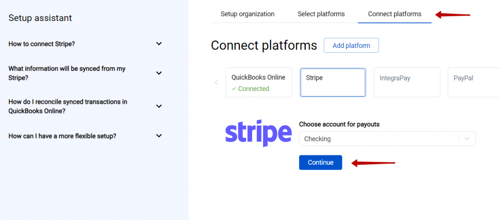  To complete the setup for the Stripe integration choose an account for payouts