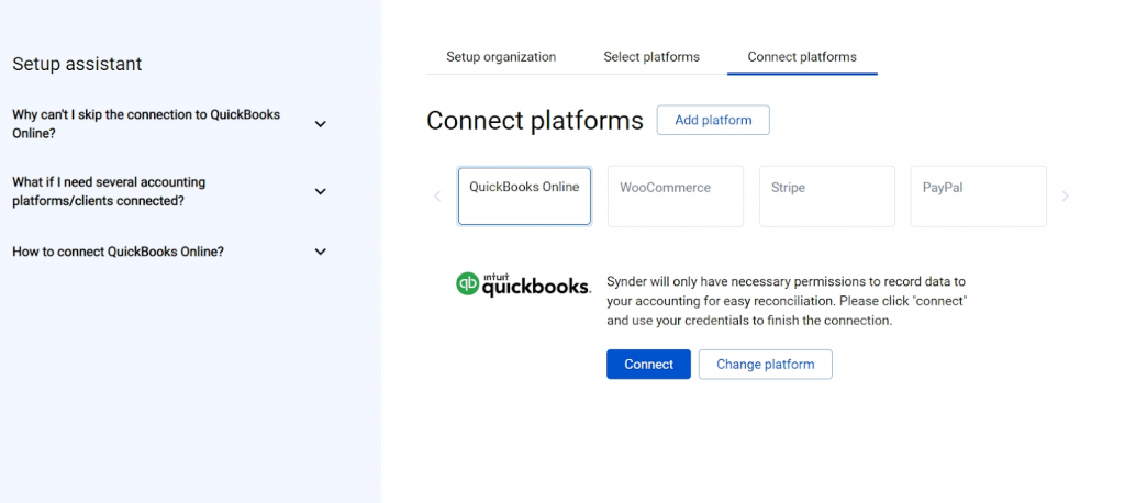 Hit the Connect button and grant permission to Synder to record data in your QuickBooks or Xero company
