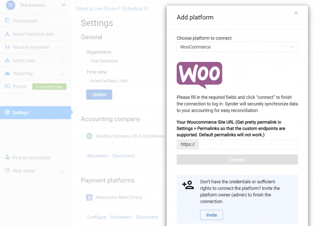 Select WooCommerce in the dropdown and hit the Connect button