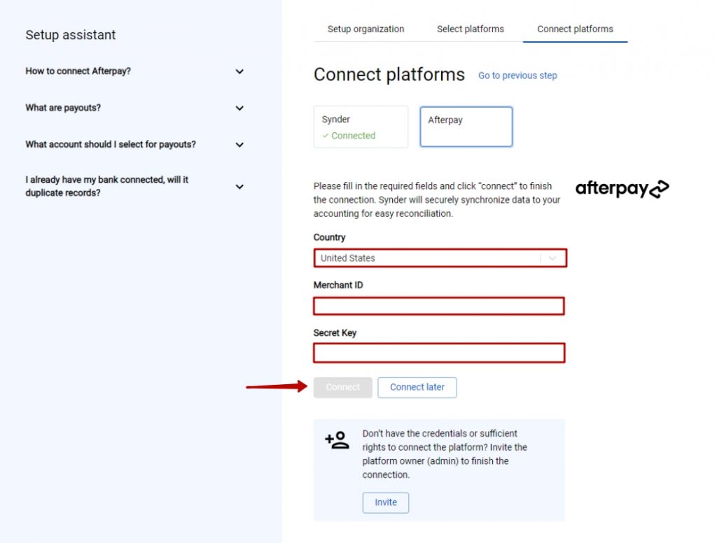 Afterpay Account Login Details to connect to Synder