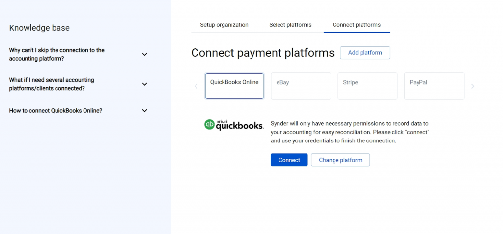 Hit the Connect button and grant permission to Synder to record data in your QuickBooks or Xero company