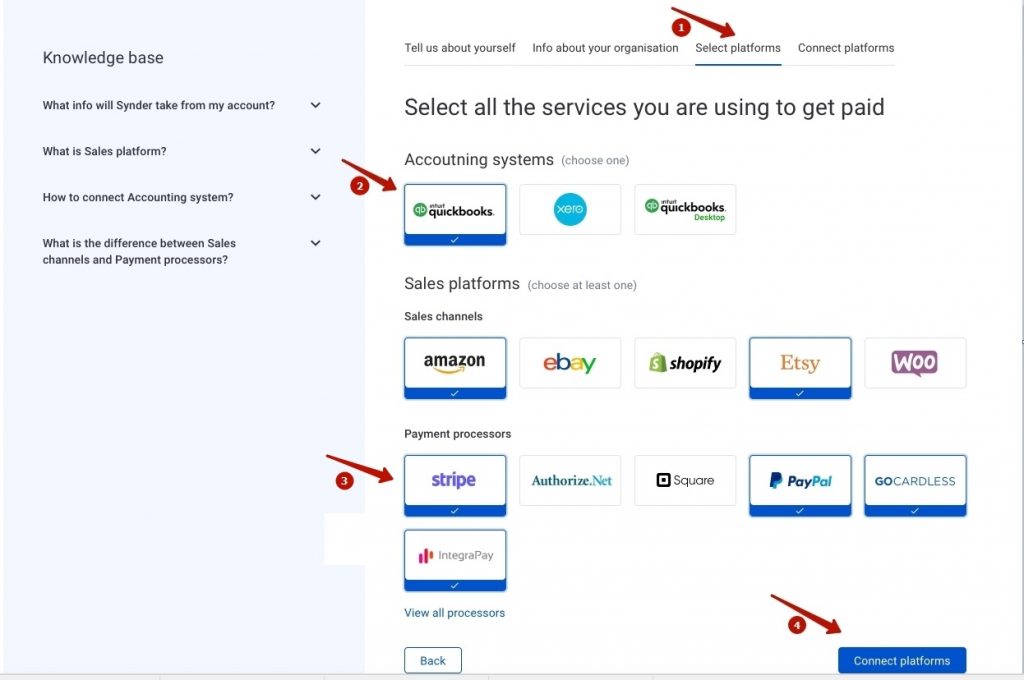 select the platforms you would like to connect to Synder