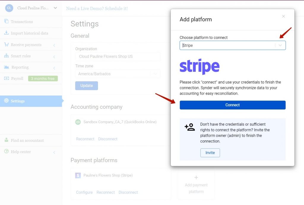 Select Stripe in the dropdown and hit the Connect button