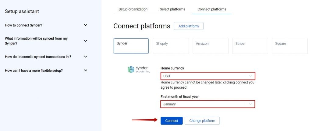 Synder accounting connect 3 Connect Synder currency and tax