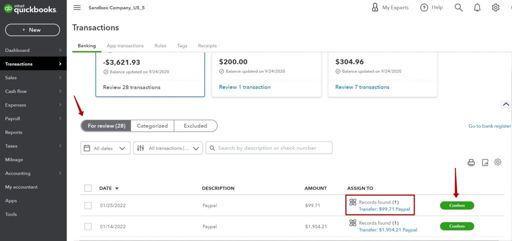 List in QuickBooks Banking tab