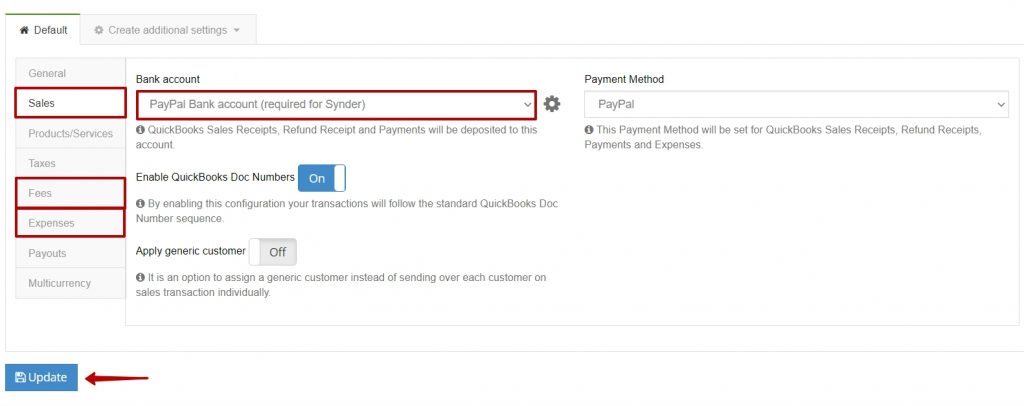 select clearing PayPal Bank Account as a Bank account in Sales and Fees and Expenses tabs