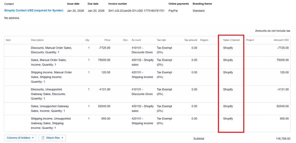 Example invoice in Xero showing tracking categories on summary lines