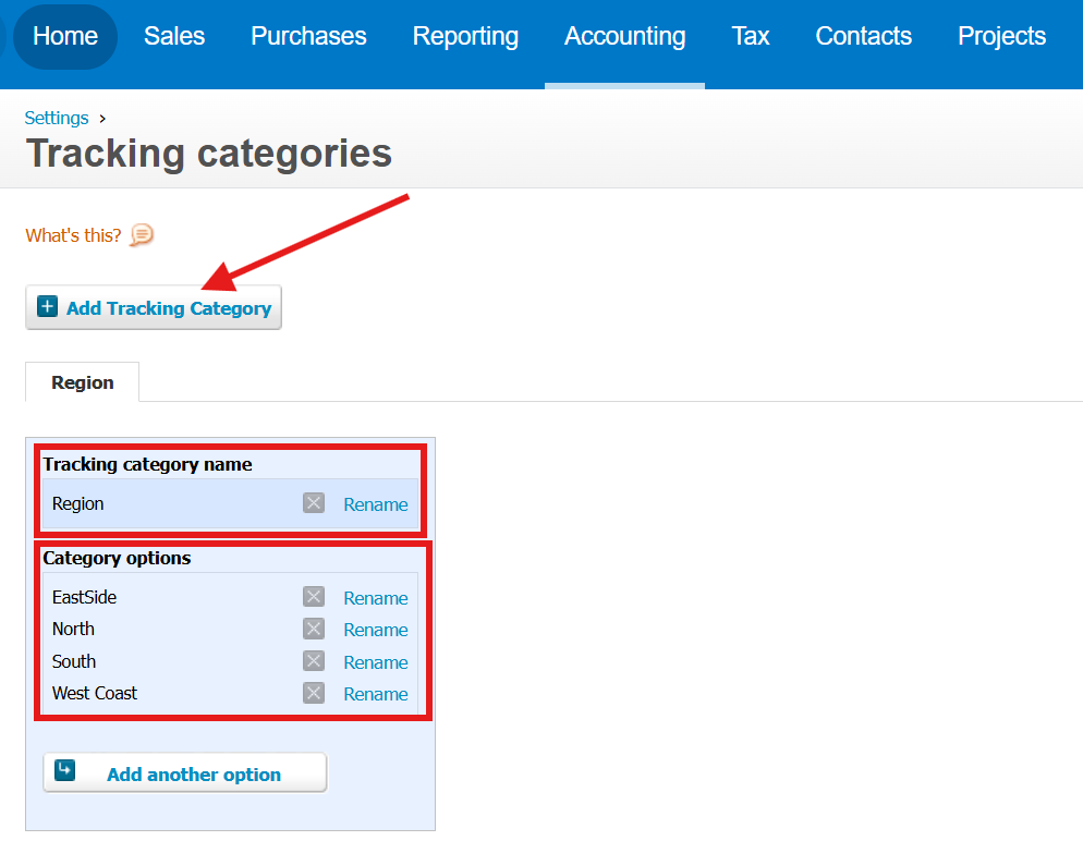 Creating a tracking category in Xero Accounting Settings