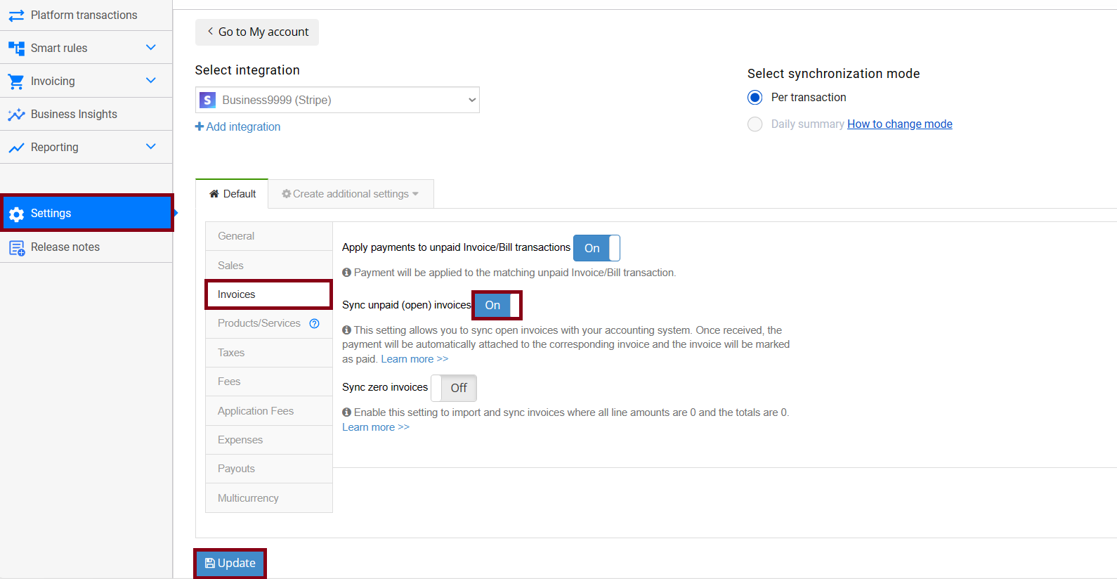 Sync unpaid (open) invoices setting turned on in Synder Stripe settings, under the Invoices tab