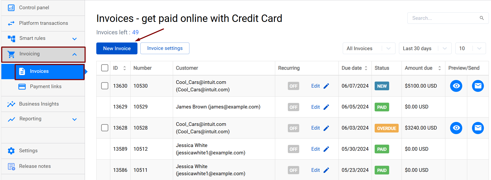 Synder Invoicing Invoices page with the New Invoice button and a list of invoices