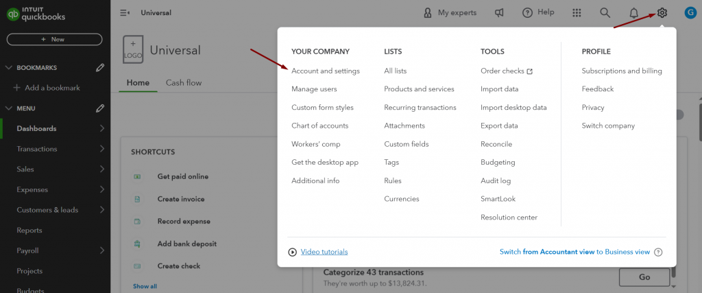 enable classes in QuickBooks