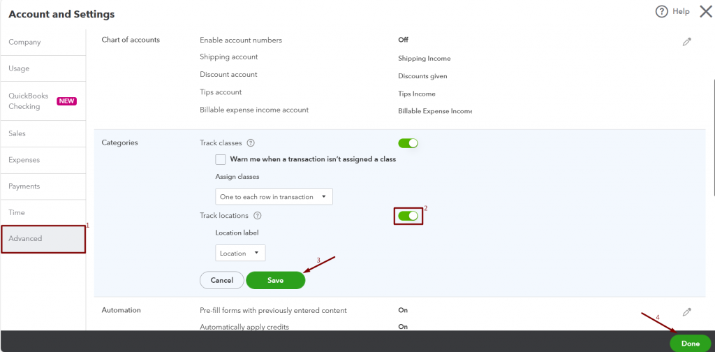how to enable locations in QuickBooks Online