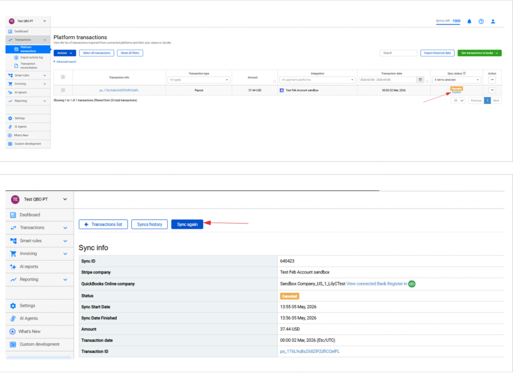 Synder Platform Transactions tab showing Explain button and sync error details