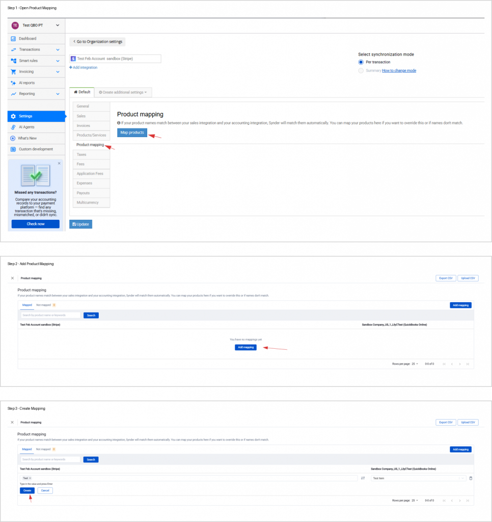 Synder Product Mapping settings showing Add Mapping form