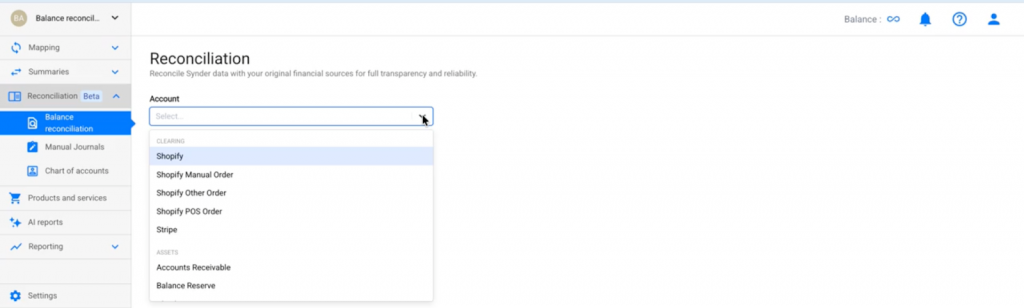 Selecting the clearing account for balance reconciliation in Synder
