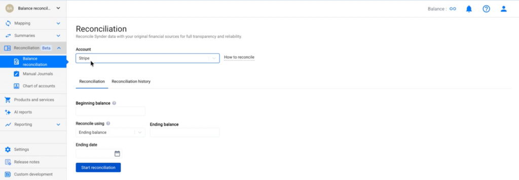 Entering beginning balance and ending date for reconciliation in Synder