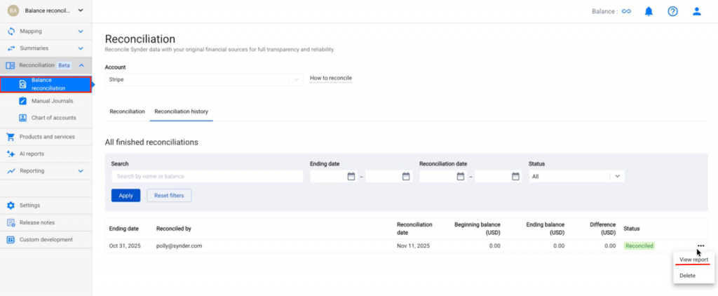Reconciliation History showing previously reconciled periods