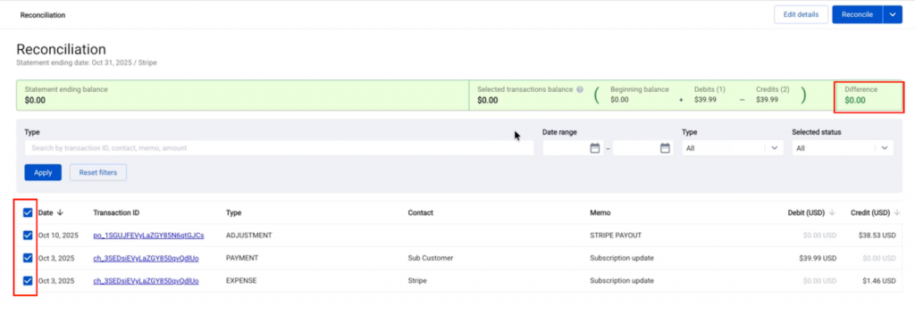 Balance reconciliation screen showing transactions to select and reconcile