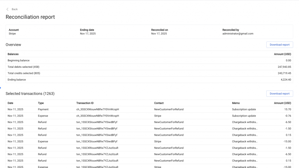 Reconciliation report listing matched transactions for a period