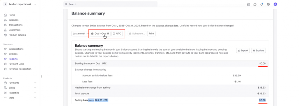 Stripe Balance Summary report showing starting and ending balances
