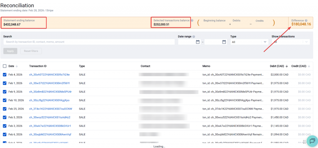 Balance reconciliation showing a mismatch that needs investigation