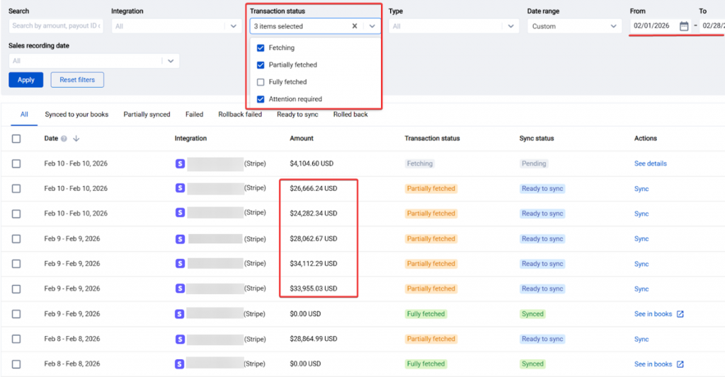 Filtering summaries by status to find unsynced or attention required items