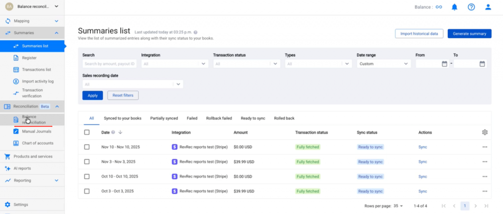 Synder left menu showing Reconciliation and Balance Reconciliation option